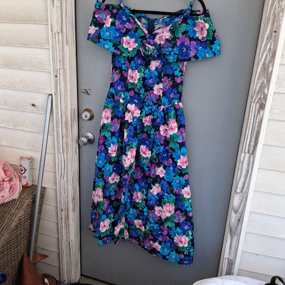 True Vintage 80s Floral Off Shoulder Midi Dress Blue Pink Cotton